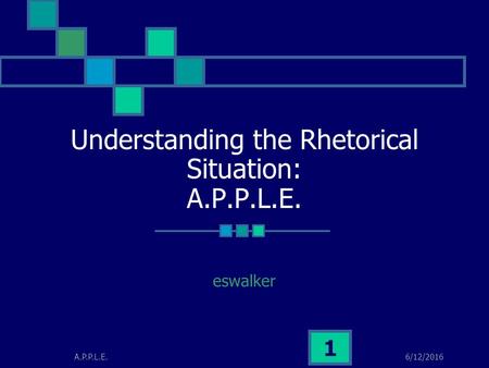 6/12/2016A.P.P.L.E. 1 Understanding the Rhetorical Situation: A.P.P.L.E. eswalker.