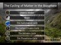 The Cycling of Matter in the Biosphere Organic Matter Water The Hydrological Cycle The Carbon/Oxygen Cycle The Nitrogen Cycle The Phosphorus Cycle.