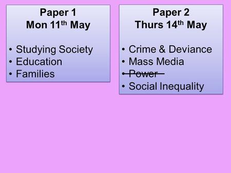 Paper 1 Mon 11 th May Studying Society Education Families Paper 1 Mon 11 th May Studying Society Education Families Paper 2 Thurs 14 th May Crime & Deviance.