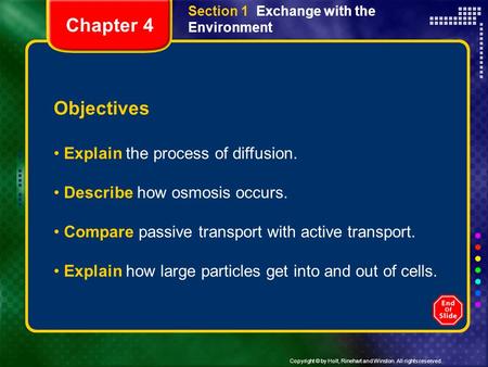 Copyright © by Holt, Rinehart and Winston. All rights reserved. Section 1 Exchange with the Environment Objectives Explain the process of diffusion. Describe.