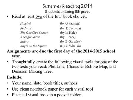 Summer Reading 2014 Students entering 6th grade Read at least two of the four book choices: Hatchet (by G Paulsen) Redwall (by B Jacques) The Goodbye Season(by.