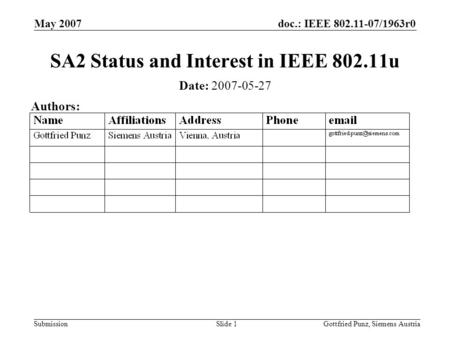 Doc.: IEEE 802.11-07/1963r0 Submission May 2007 Gottfried Punz, Siemens AustriaSlide 1 SA2 Status and Interest in IEEE 802.11u Date: 2007-05-27 Authors: