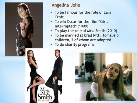 Angelina Jolie To be famous for the role of Lara Croft To win Oscar for the film “Girl, Interrupted” (1999) To play the role of Mrs. Smith (2010) To be.