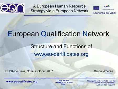 Www.eu-certificates.org by, Page 1 The project is funded by the EU under the Leonardo da Vinci programme: A/05/B/F/NT-158.234 European Qualification Network.