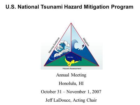 U.S. National Tsunami Hazard Mitigation Program Annual Meeting Honolulu, HI October 31 – November 1, 2007 Jeff LaDouce, Acting Chair.