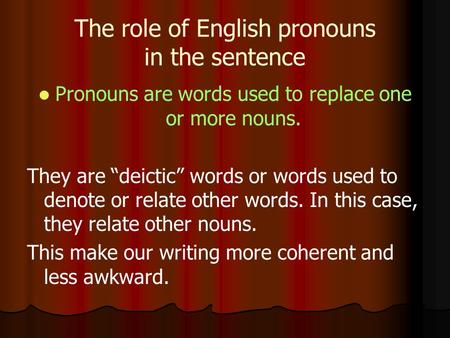 The role of English pronouns in the sentence Pronouns are words used to replace one or more nouns. They are “deictic” words or words used to denote or.