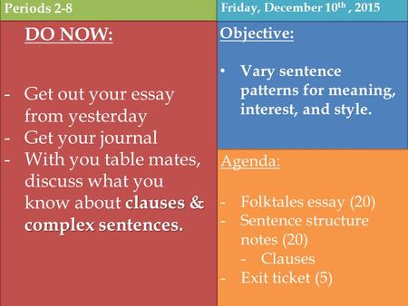 Friday, December 10 th, 2015 Objective: Vary sentence patterns for meaning, interest, and style. Agenda: -Folktales essay (20) -Sentence structure notes.