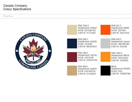 Canada Company Colour Specifications Positive PMS 7500 C Hexidecimal: e3d0a5 R/G/B: 227/208/165 C/M/Y/K: 11/15/38/0 PMS 021 C Hexidecimal: fd4f00 R/G/B: