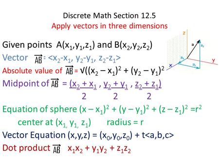 Discrete Math Section 12.5 Apply vectors in three dimensions Given points A(x 1,y 1,z 1 ) and B(x 2,y 2,z 2 ) Vector = Absolute value of = √((x 2 – x 1.