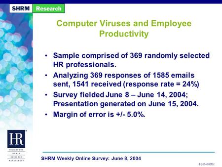 © 2004 SHRM SHRM Weekly Online Survey: June 8, 2004 Computer Viruses and Employee Productivity Sample comprised of 369 randomly selected HR professionals.