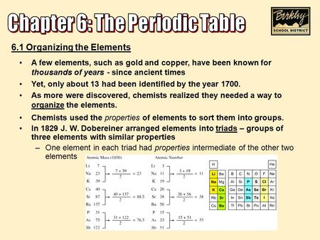 6.1 Organizing the Elements A few elements, such as gold and copper, have been known for thousands of years - since ancient times Yet, only about 13 had.