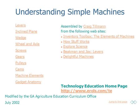 Jump to first page Understanding Simple Machines Assembled by Craig TillmannCraig Tillmann from the following web sites: n Inventors Toolbox: The Elements.