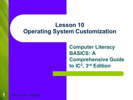 1 Lesson 10 Operating System Customization Computer Literacy BASICS: A Comprehensive Guide to IC 3, 3 rd Edition Morrison / Wells.