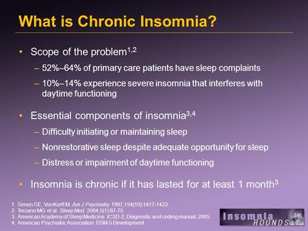 What is Chronic Insomnia? Scope of the problem 1,2 –52%–64% of primary care patients have sleep complaints –10%–14% experience severe insomnia that interferes.