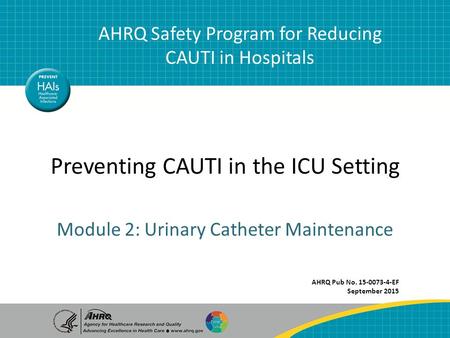 Catheter Maintenance1 AHRQ Safety Program for Reducing CAUTI in Hospitals Preventing CAUTI in the ICU Setting AHRQ Safety Program for Reducing CAUTI in.