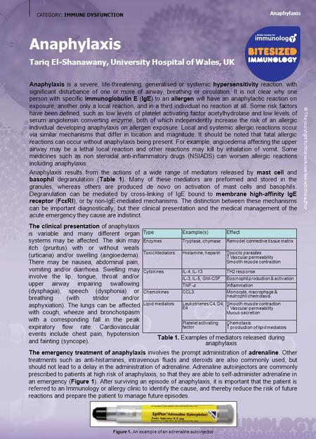 CATEGORY: IMMUNE DYSFUNCTION Anaphylaxis Tariq El-Shanawany, University Hospital of Wales, UK Anaphylaxis is a severe, life-threatening, generalised or.