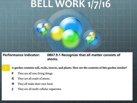 BELL WORK 1/7/16 1. 1 SPI 0807.9.1 – Recognize that all matter consists of atoms. What makes up all Matter? SPI 0807.9.6 – Compare the particle arrangement.