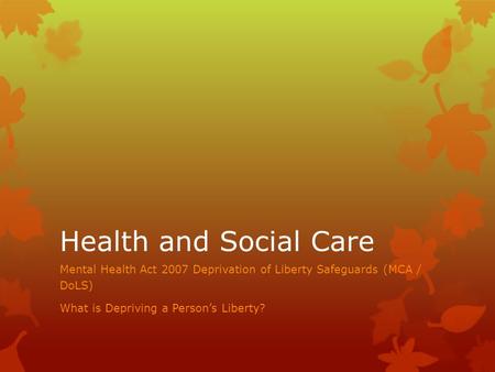 Health and Social Care Mental Health Act 2007 Deprivation of Liberty Safeguards (MCA / DoLS) What is Depriving a Person’s Liberty?