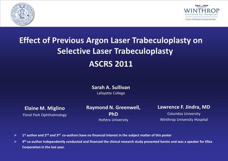 Effect of Previous Argon Laser Trabeculoplasty on Selective Laser Trabeculoplasty ASCRS 2011 Lawrence F. Jindra, MD Columbia University Winthrop University.