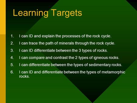 Learning Targets 1.I can ID and explain the processes of the rock cycle. 2.I can trace the path of minerals through the rock cycle. 3.I can ID differentiate.