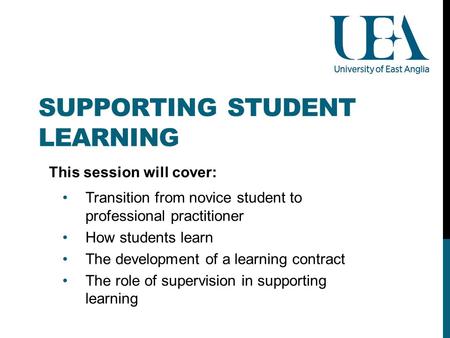 SUPPORTING STUDENT LEARNING This session will cover: Transition from novice student to professional practitioner How students learn The development of.