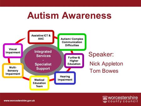 Www.worcestershire.gov.uk Speaker: Nick Appleton Tom Bowes Autism Awareness.