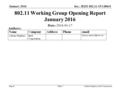 Doc.: IEEE 802.11-15/1486r0 ReportAdrian Stephens, Intel Corporation 802.11 Working Group Opening Report January 2016 Date: 2016-01-17 Authors: January.