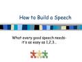 How to Build a Speech What every good speech needs- it’s as easy as 1,2,3…