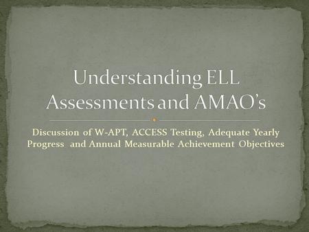 Discussion of W-APT, ACCESS Testing, Adequate Yearly Progress and Annual Measurable Achievement Objectives.