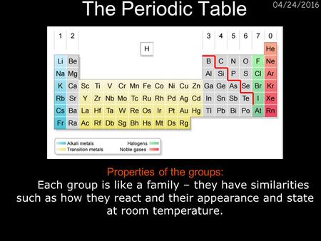 04/24/2016 The Periodic Table Properties of the groups: Each group is like a family – they have similarities such as how they react and their appearance.