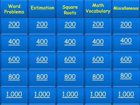 200 400 600 800 1,000 Word Problems Estimation Square Roots Math Vocabulary Miscellaneous 200 400 600 800 1,000.