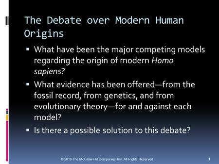 The Debate over Modern Human Origins  What have been the major competing models regarding the origin of modern Homo sapiens?  What evidence has been.