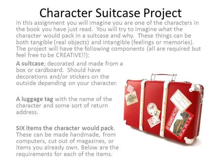 Character Suitcase Project A suitcase; decorated and made from a box or cardboard. Should have decorations and/or stickers on the outside depending on.