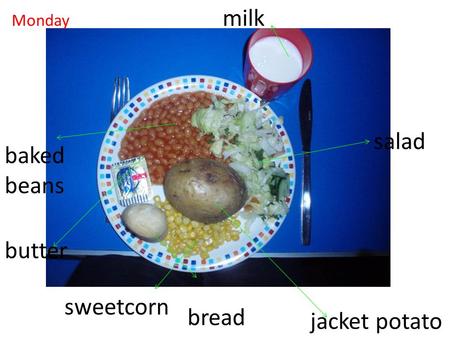 Jacket potato milk baked beans bread sweetcorn salad butter Monday.