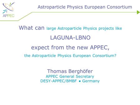 Astroparticle Physics European Consortium What can large Astroparticle Physics projects like LAGUNA-LBNO expect from the new APPEC, the Astroparticle Physics.