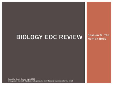 Session 5: The Human Body BIOLOGY EOC REVIEW Created by: Sandra Spencer (April, 2013) All images are Microsoft Clipart used with permission from Microsoft,