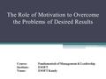 Course: Fundamentals of Management & Leadership Institute: ESOFT Venue:ESOFT Kandy The Role of Motivation to Overcome the Problems of Desired Results.