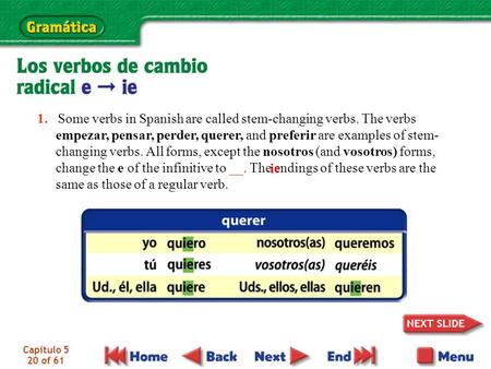 1. Some verbs in Spanish are called stem-changing verbs. The verbs empezar, pensar, perder, querer, and preferir are examples of stem- changing verbs.