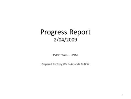 1 Progress Report 2/04/2009 TVDC team – UNM Prepared by Terry Wu & Amanda DuBois.