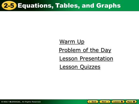 2-5 Equations, Tables, and Graphs Warm Up Warm Up Lesson Presentation Lesson Presentation Problem of the Day Problem of the Day Lesson Quizzes Lesson Quizzes.