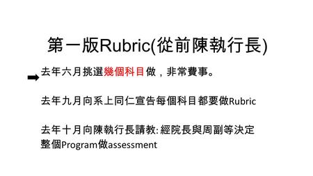 第一版 Rubric( 從前陳執行長 ) 去年六月挑選幾個科目做，非常費事。 去年九月向系上同仁宣告每個科目都要做 Rubric 去年十月向陳執行長請教 : 經院長與周副等決定 整個 Program 做 assessment.