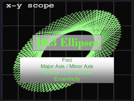 10.3 Ellipses Foci Major Axis / Minor Axis Vertices / Co- Vertices Eccentricity.