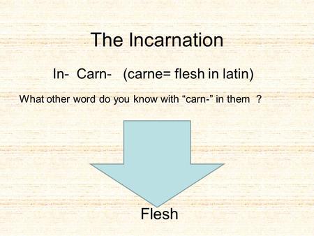 The Incarnation In- Carn- (carne= flesh in latin) What other word do you know with “carn-” in them ? Flesh.