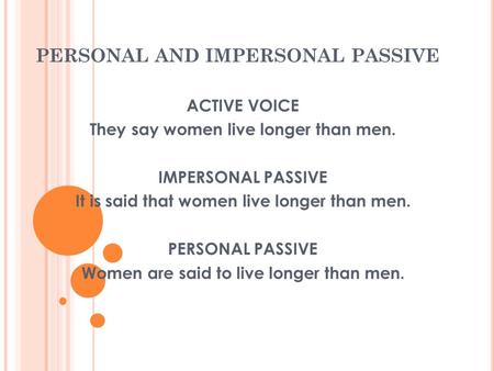 PERSONAL AND IMPERSONAL PASSIVE ACTIVE VOICE They say women live longer than men. IMPERSONAL PASSIVE It is said that women live longer than men. PERSONAL.