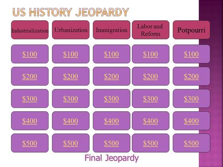 $100 UrbanizationImmigration Labor and Reform Potpourri $200 $300 $400 $500 $400 $300 $200 $100 $500 $400 $300 $200 $100 $500 $400 $300 $200 $100 $500.