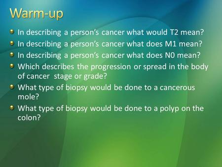 In describing a person’s cancer what would T2 mean? In describing a person’s cancer what does M1 mean? In describing a person’s cancer what does N0 mean?