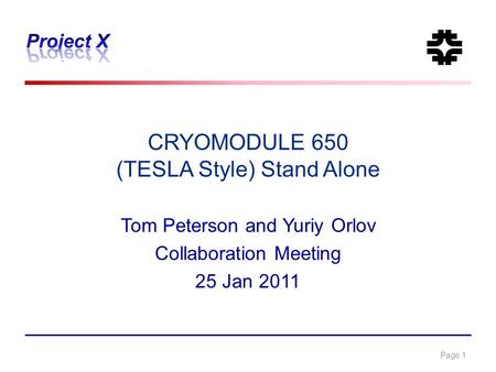 Page 1 CRYOMODULE 650 (TESLA Style) Stand Alone Tom Peterson and Yuriy Orlov Collaboration Meeting 25 Jan 2011.