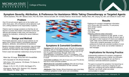 Symptom Severity, Attribution, & Preference for Assistance While Taking Chemotherapy or Targeted Agents Sandra Spoelstra, PhD, RN 1 ; Barbara Given, PhD,