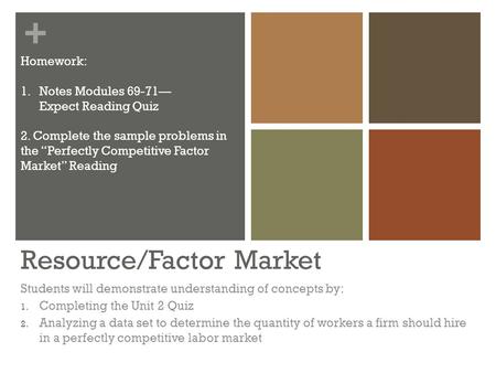 + Resource/Factor Market Students will demonstrate understanding of concepts by: 1. Completing the Unit 2 Quiz 2. Analyzing a data set to determine the.