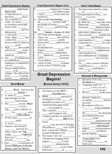 11C __________ of the Great Depression: 1.Overproduction of _______ that led to _______ prices. 2.The availability of _______ credit. Too much _______.